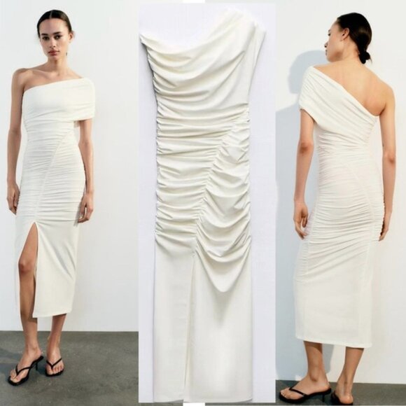 Zara white draped ruched one shoulder asymmetrical bodycon midi dress high slit - Picture 2 of 11